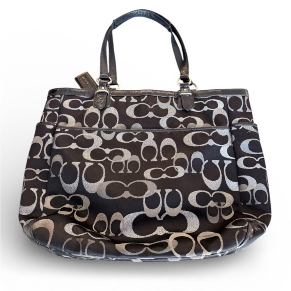 Coach Gallery Optic Signature metallic black & silver canvas tote bag F19675 - Picture 2 of 15